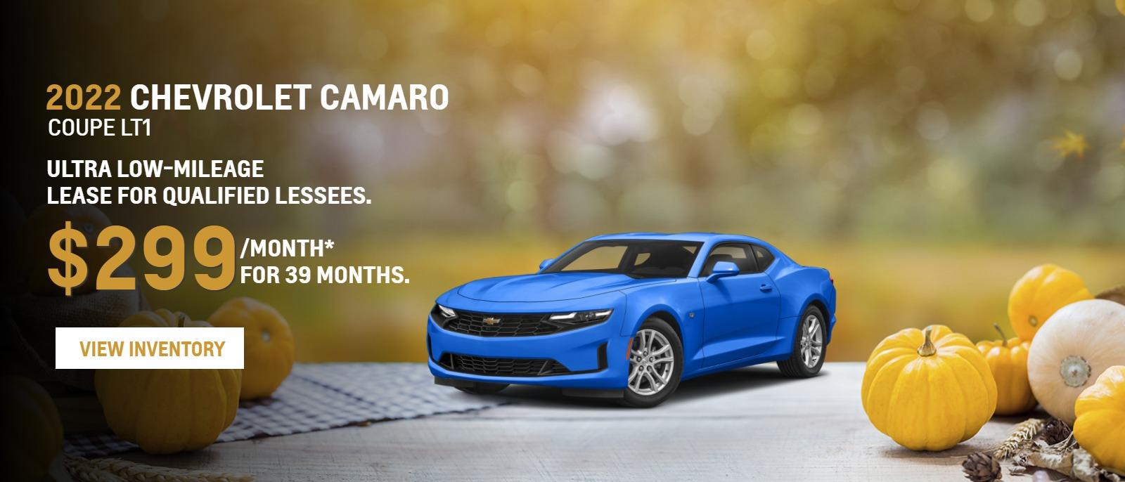 2022 CHEVROLET Camaro Coupe LT1
Ultra Low-Mileage Lease for Qualified Lessees.
$299/month* for 39 months.