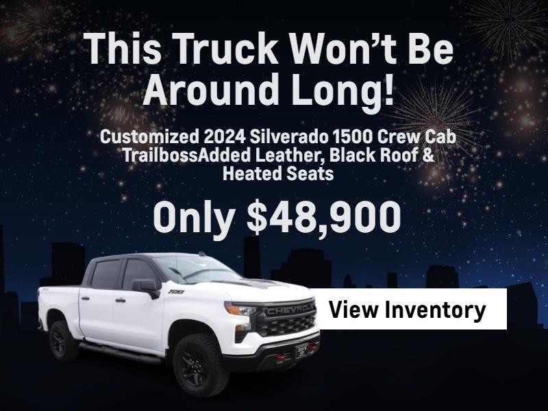 This Truck Won’t Be Around Long!
Customized 2024 Silverado 1500 Crew Cab Trail boss
Added Leather, Black Roof & Heated Seats
Only $48,900