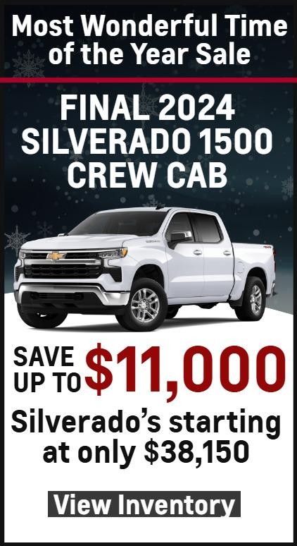 Most Wonderful Time of the Year Sale

Final 2014 Silverado 1500 Crew Cab

Save up to $11,000

Silverado’s starting at only $38,150