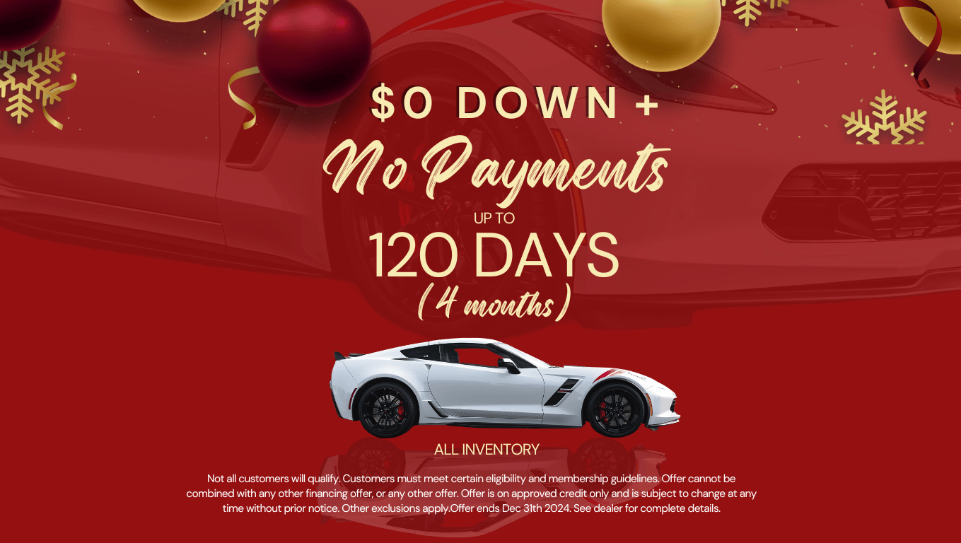 A sleek white performance car against a festive red background, highlighting a limited-time $0 down and no payments for 120 days financing offer.