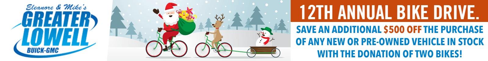 12th Annual Bike Drive.
Save an Additional $500 off the purchase of any New or Pre-Owned Vehicle in Stock with the Donation of Two Bikes!