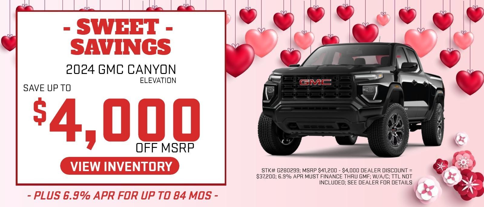 NEW 2024 GMC CANYON ELEVATION – UP TO $4,000 OFF MSRP PLUS 6.9% APR FOR UP TO 84 MONTHS