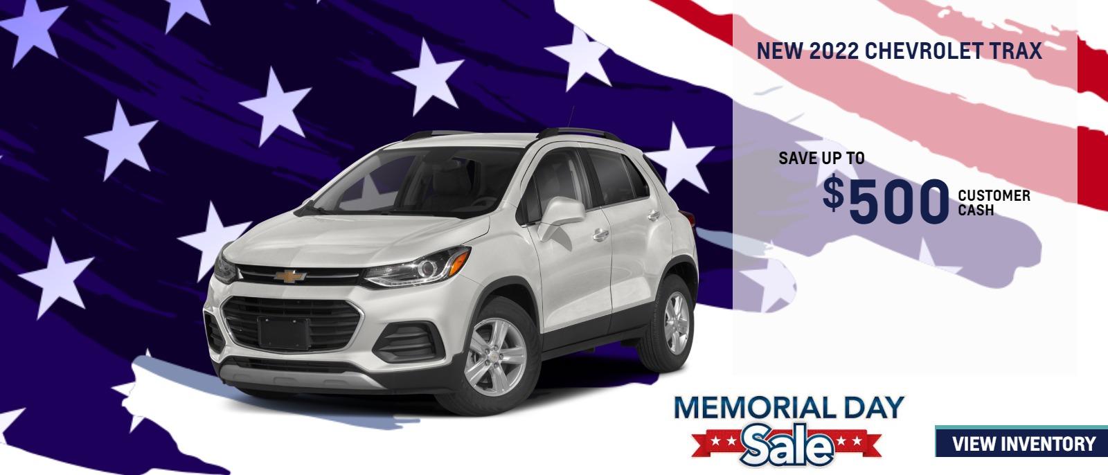 2022 CHEVROLET Trax
$500 Customer Cash
Not available with special finance or lease offers. Take new retail delivery by 05-31-2022. Must show proof of a current ownership or lease of a 2008 model year or newer Chevrolet vehicles at least 30 days prior to the new vehicle sale.