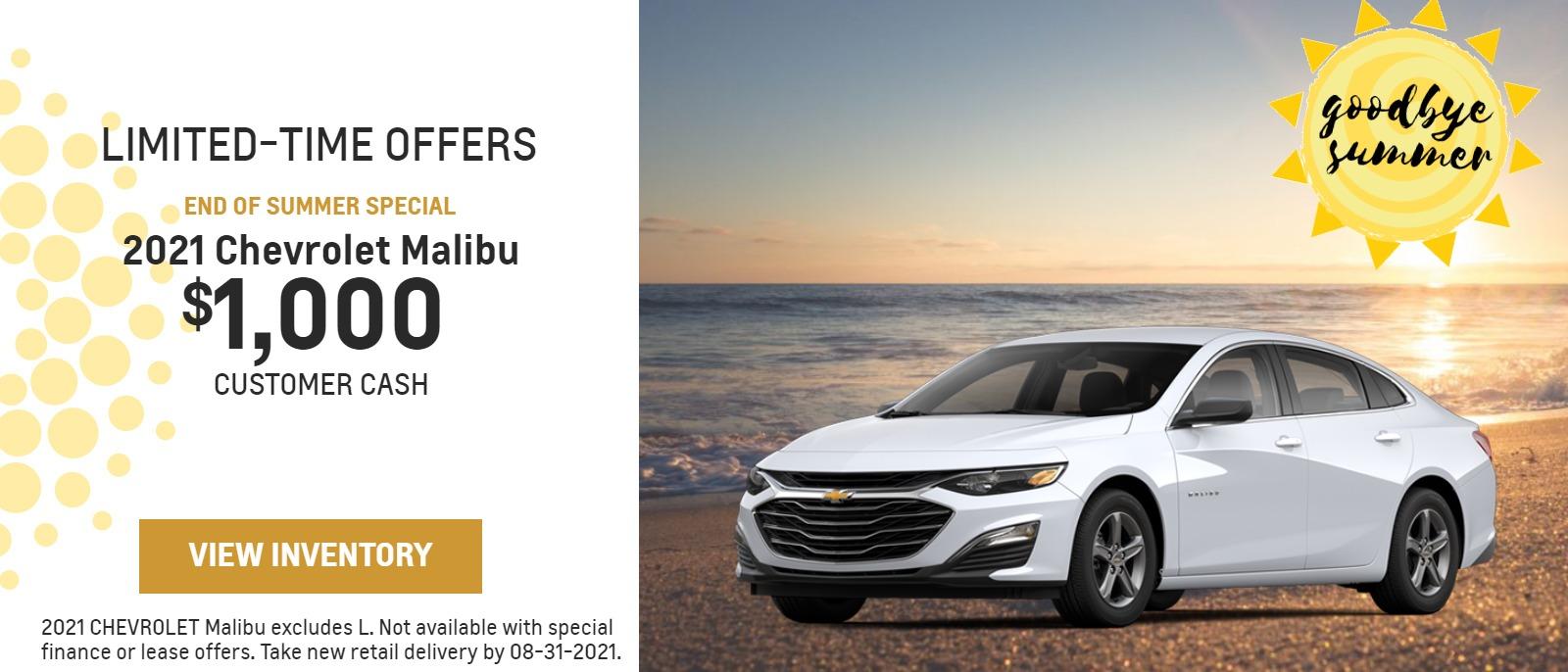 2021 CHEVROLET MALIBU EXCLUDES L
$1,000
Customer Cash