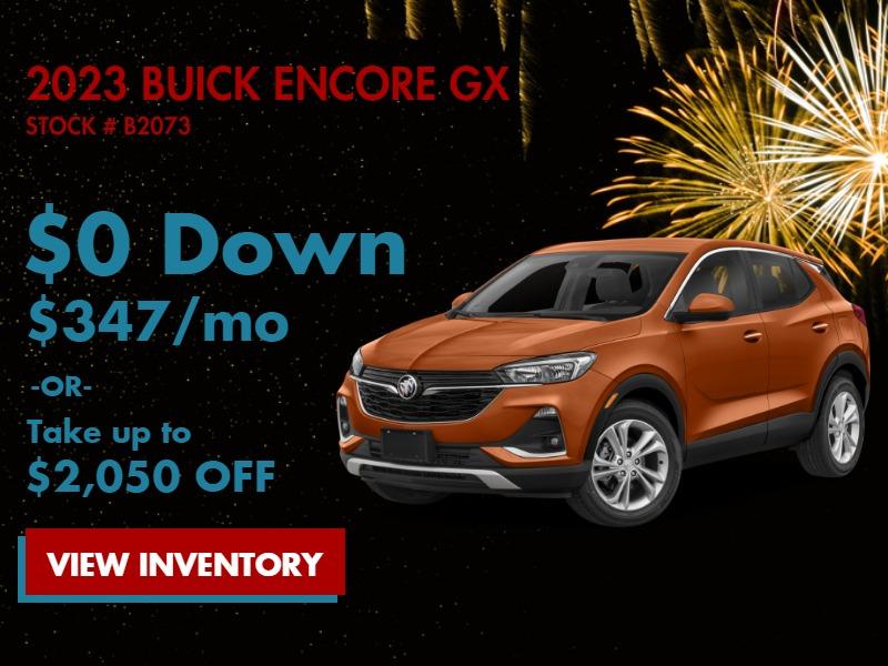 2023 Encore GX
Stock # B2073
$0 Down
$347/mo
Or
Up to $2050 OFF
Includes all costs to be paid by consumer except; sales tax, bank fee MV & Doc payment assumes Buick GMC lease loyalty as well as approval and acceptance by GM for the new affinity credit card 39 months 10k miles per year Stock # B2073 MSRP: 30400