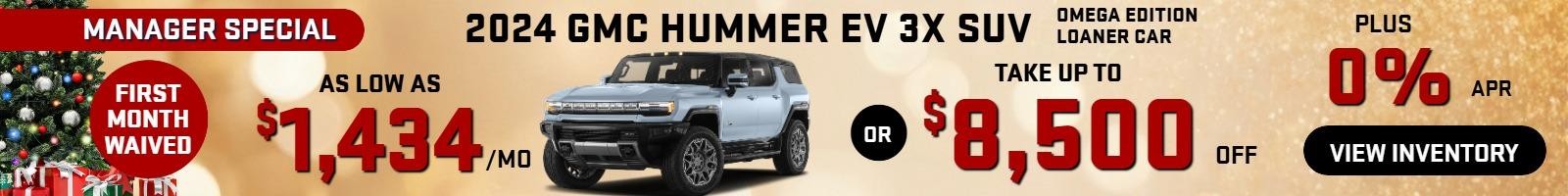 2024 Hummer EV 3x SUV OMEGA EDITION  MANAGER SPECIAL Loaner car ( first payment waived) Stock G9514Take up to $8500 OFF                            PLUS 0% finance  Or as low as $1434/mo