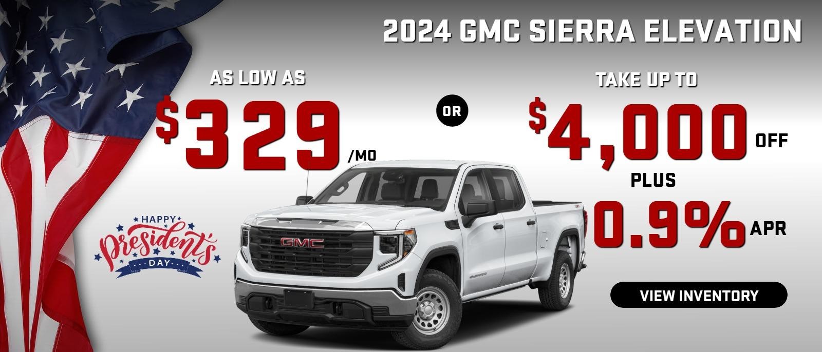 2025 Sierra elevation
Stock G6488

take up to $4000 OFF
PLUS  
0.9 % finance

OR  AS LOW AS
$329/mo