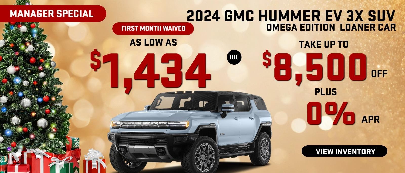 2024 Hummer EV 3x SUV OMEGA EDITION  MANAGER SPECIAL Loaner car ( first payment waived) 
Stock G9514

Take up to $8500 OFF                            
PLUS 0% finance  
Or 
as low as 
$1434/mo