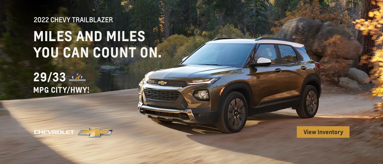 2022 Chevy Trailblazer. Go the distance. 29/33 MPG city/hwy. (1)