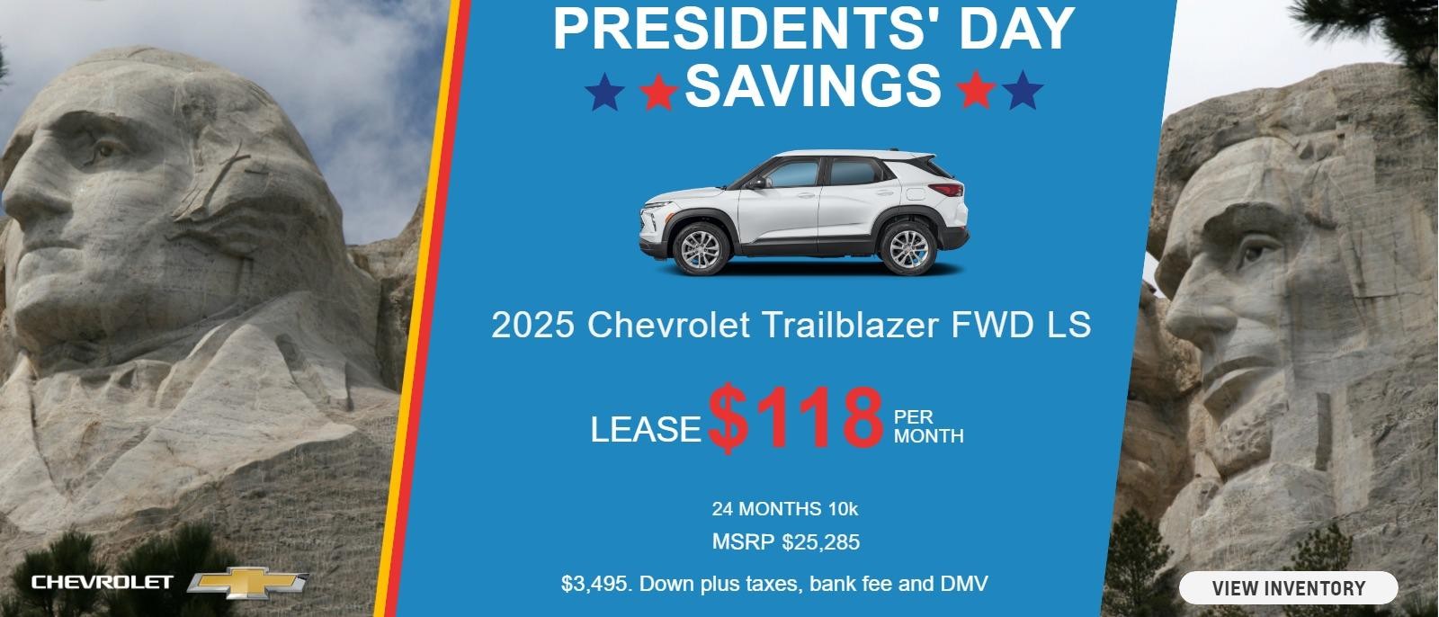 2025 Chevrolet Trailblazer FWD LS
MSRP $25,285.
$3,495. Down plus taxes, bank fee and DMV
10k
24 months
$118. month