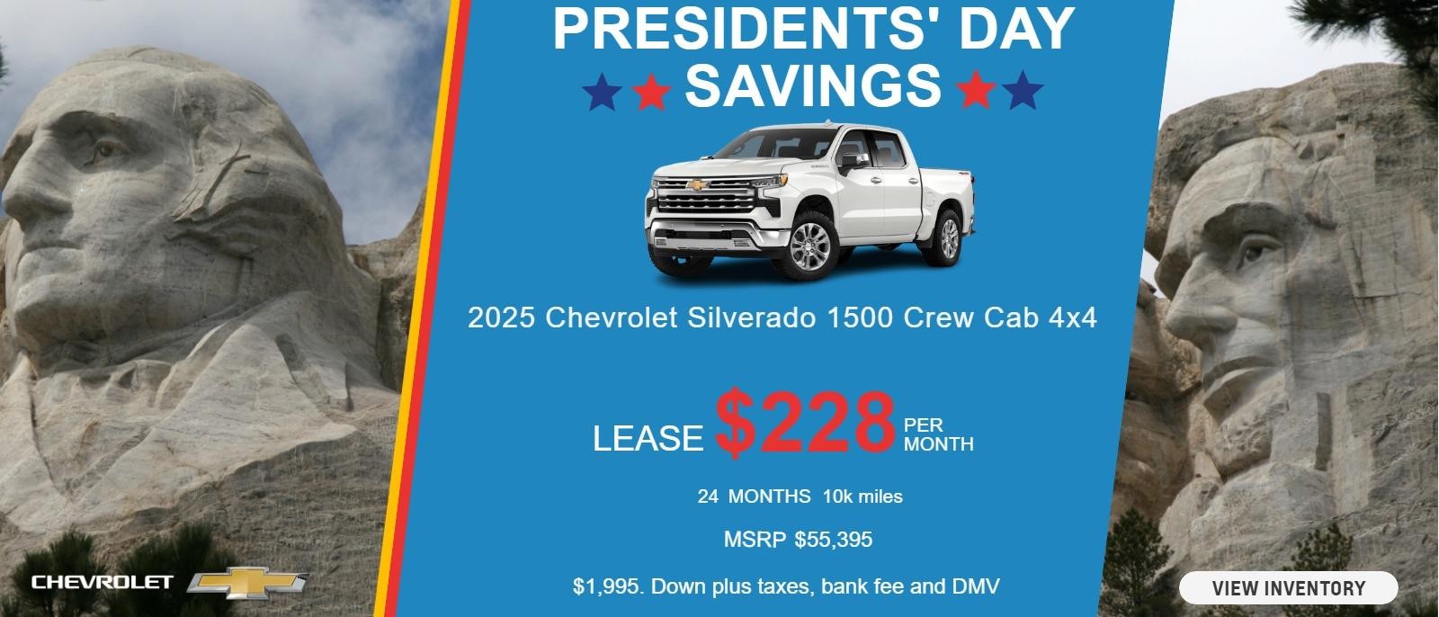 2025 Silverado 1500 Crew Cab 4x4
MSRP $55,395
$1,995. Down plus taxes, bank fee and DMV
10k
24 months
$228. month