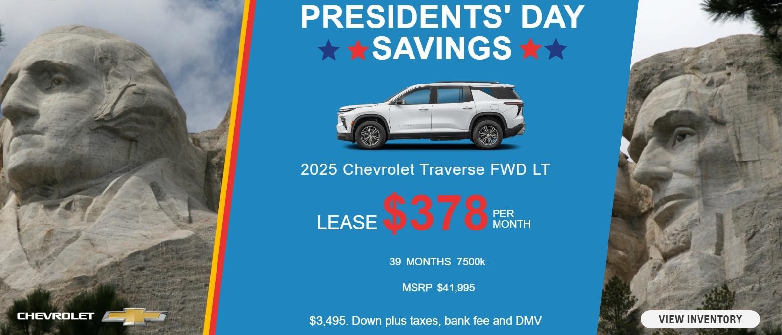 2025 Chevrolet Traverse FWD LS
MSRP 41,995.
$3,495. Down plus taxes, bank fee and DMV
7500k
39 months
$378. month