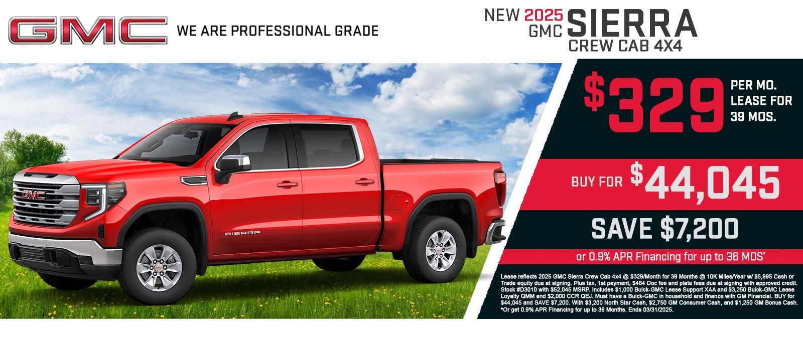 2025 GMC Sierra 1500 Double Cab Elevation 4x4 Lease for $279 per month for 36 mos