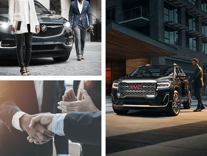 collage of Buick vehicle GMC vehicle and hands shaking