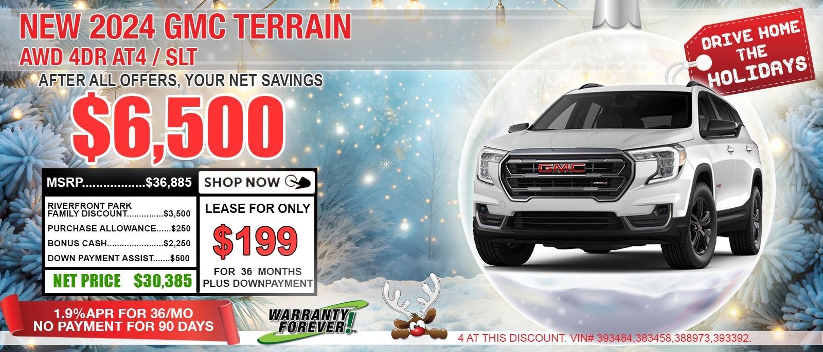 2024 GMC Terrain SLE. Your Net Savings After All Offers $6,500 OFF MSRP.