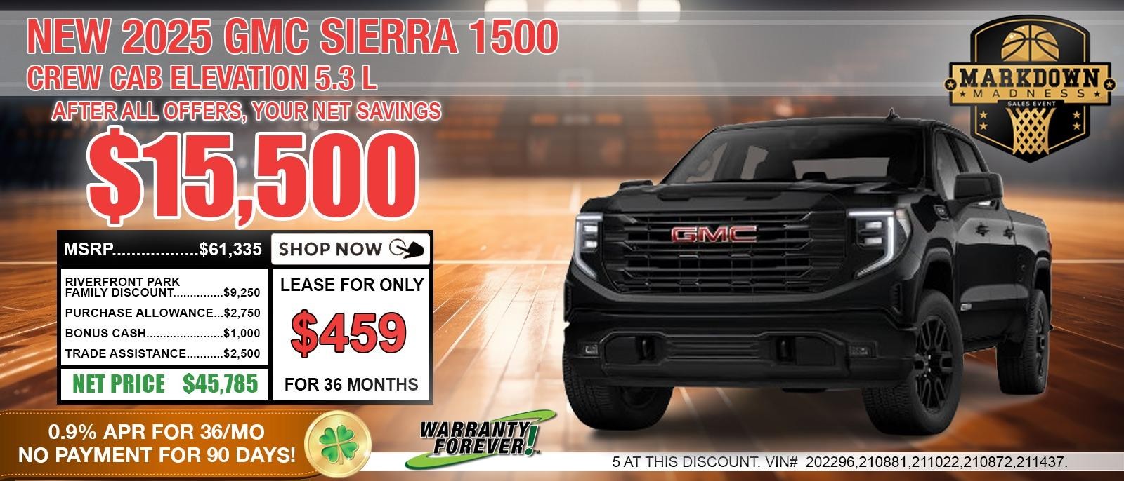 2025 GMC Sierra 1500 CREW CAB ELEVATION 5.3L. Your Net Savings After All Offers save up to $15,500.