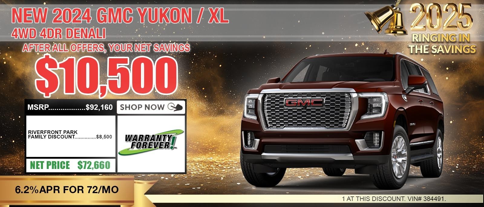 2024 GMC YUKON Denali. Your Net Savings After All Offers $10,500 OFF MSRP.