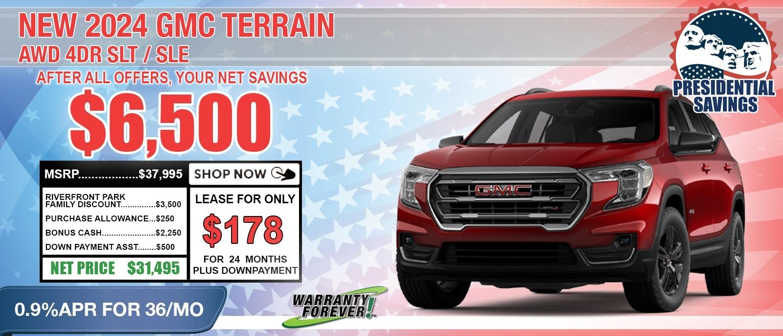 2024 GMC Terrain SLE. Your Net Savings After All Offers $6,500 OFF MSRP.