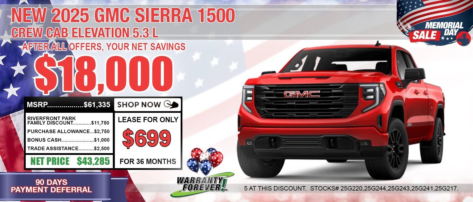 2025 GMC Sierra 1500 CREW CAB ELEVATION 5.3L. Your Net Savings After All Offers save up to $18,000.