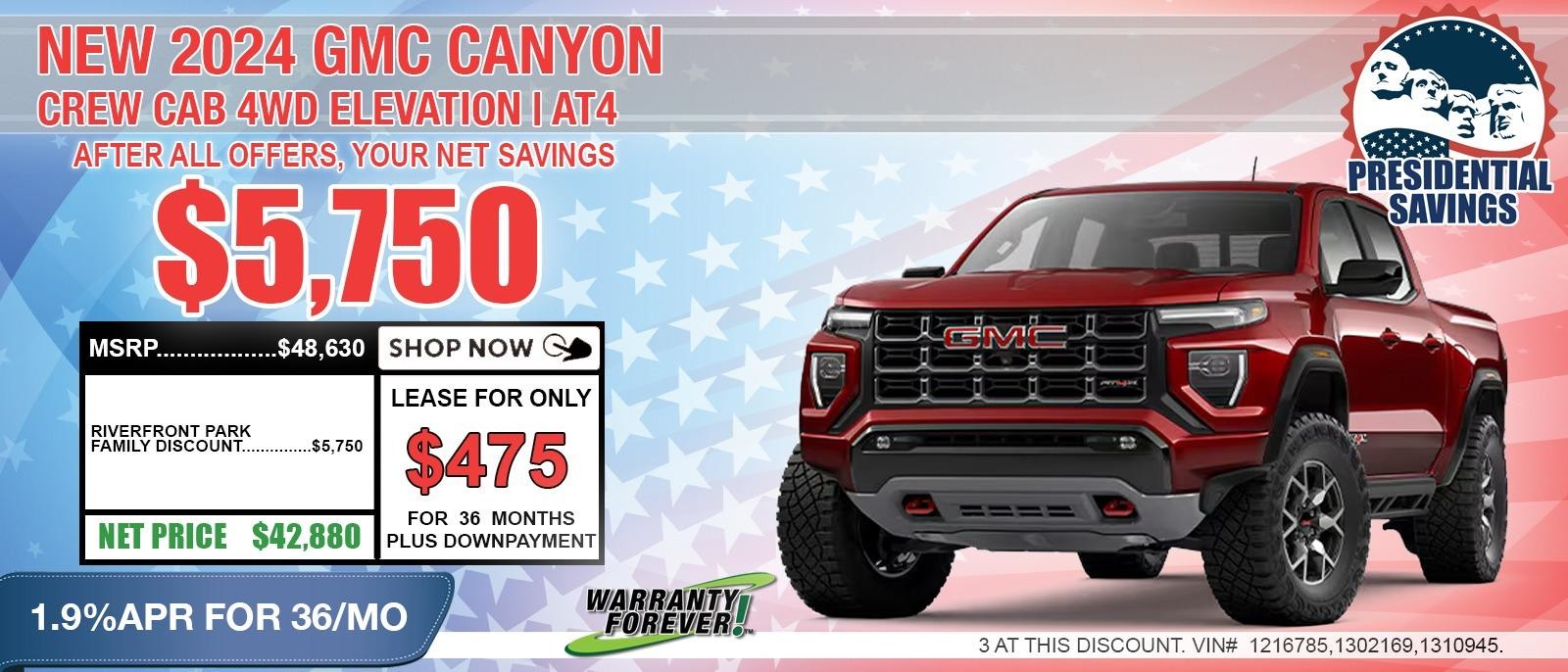 2024 GMC CANYON CREW CAB AT4 / ELEVATION. Your Net Savings $5,750 off MSRP.