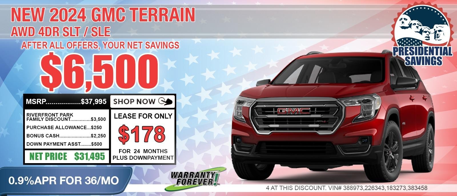 2024 GMC Terrain SLE. Your Net Savings After All Offers $6,500 OFF MSRP.