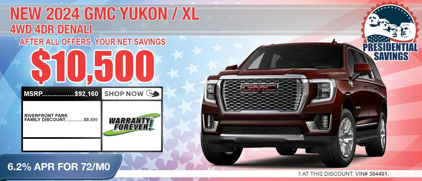 2024 GMC YUKON Denali. Your Net Savings After All Offers $10,500 OFF MSRP.