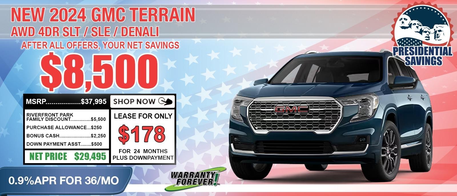 2024 GMC Terrain SLE / SLT / DENALI. Your Net Savings After All Offers $8,500 OFF MSRP.