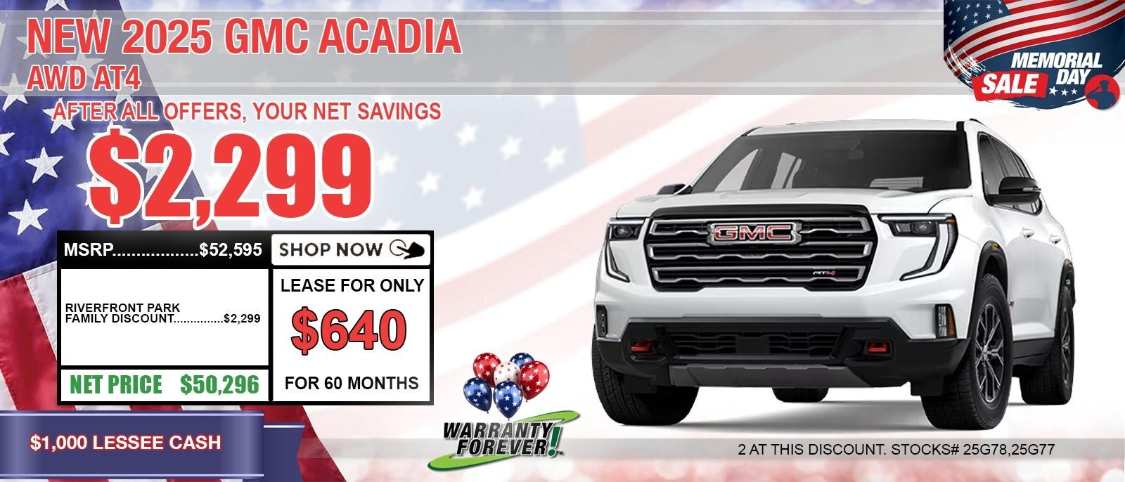 2025 GMC ACADIA AT4. Your Net Savings After All Offers save up to $2,299.