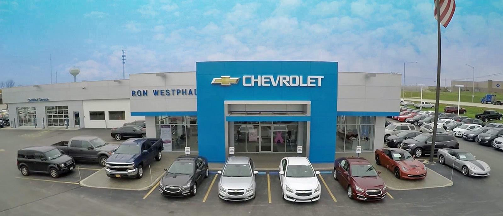 Ron Westphal Chevrolet front of dealership building picture located in Aurora IL near Chicago