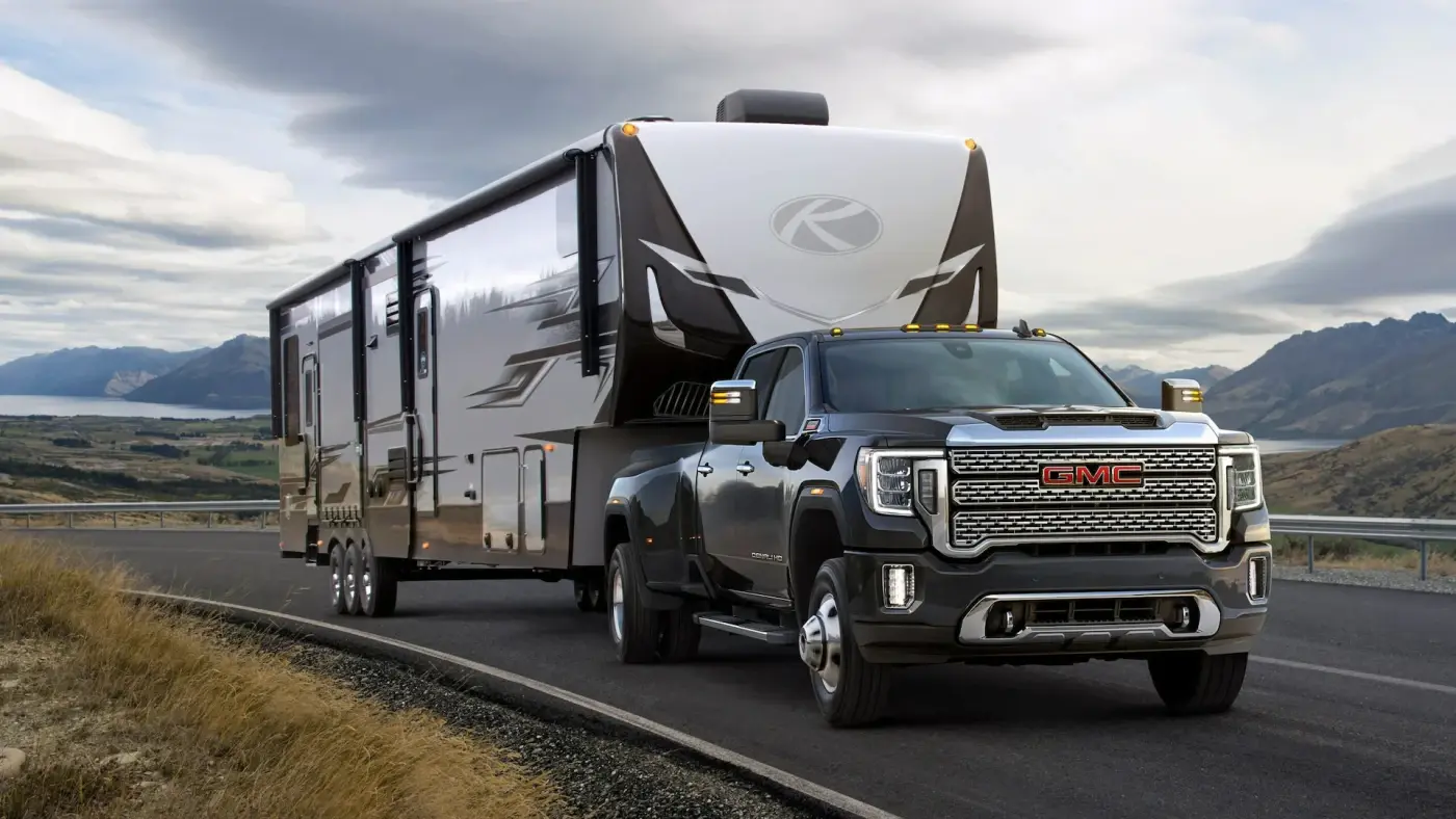 2022 GMC Sierra 3500 Denali towing an RV trailer