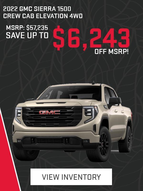2022 GMC SIERRA CREW CAB ELEVATION PKG
Stk#G22769, MSRP $57,235; $6,243 Savings include Cappellino Discount $2,993 +GMC Rebate $750+ Buick GMC Purchase Loyalty $2,500.