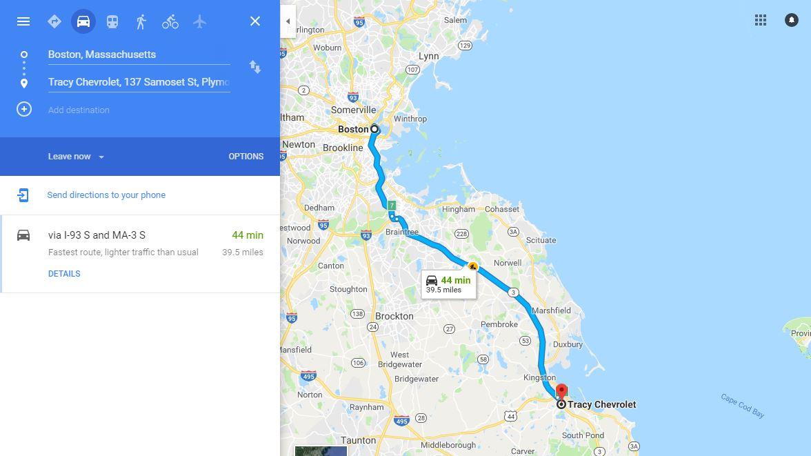 map Boston to tracy car dealership