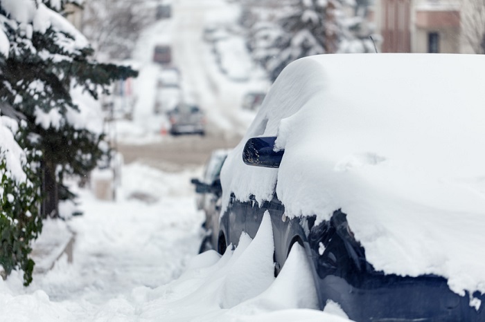 Row of snow-covered cars