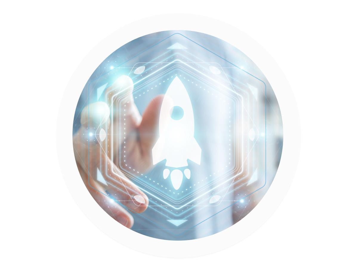 Hand pointing to a rocket icon