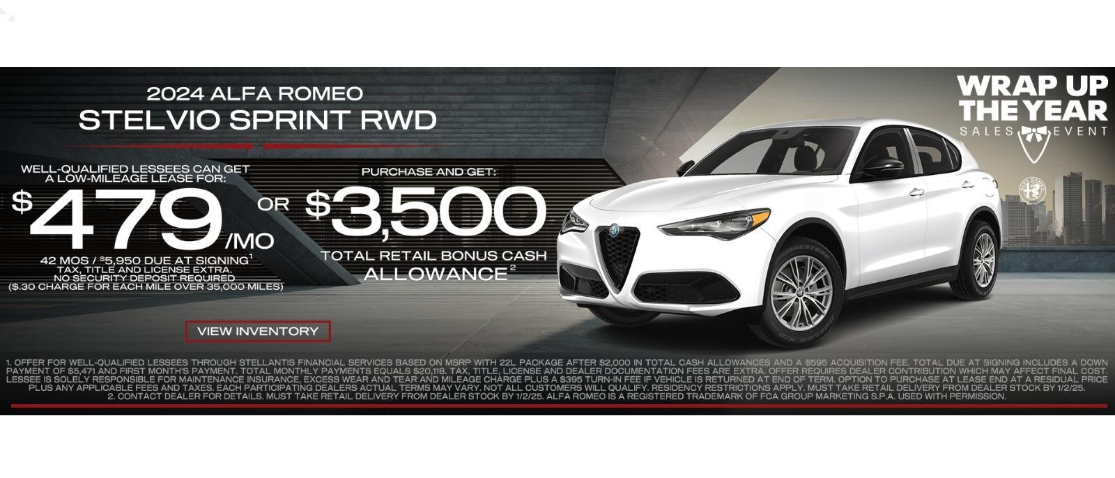 New 2024 Alfa Romeo Stelvio lease for $479 per month or purchase and get $3,500 retail bonus cash