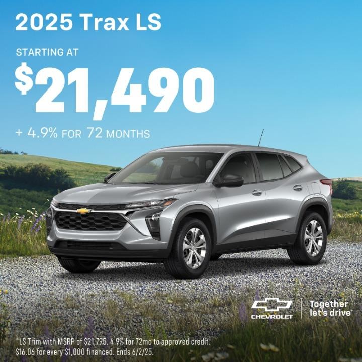 2025 Chevy Trax $21,490 + 4.9% APR for 72 Months