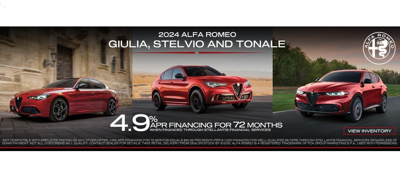2024 Alfa Romeo Giulia, Stelvio and Tonale 4.9% apr for 72 months
