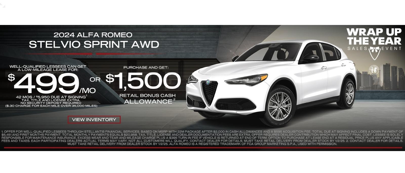 New 2024 Alfa Romeo Stelvio lease for $499 per month or purchase and get $1,500 retail bonus cash