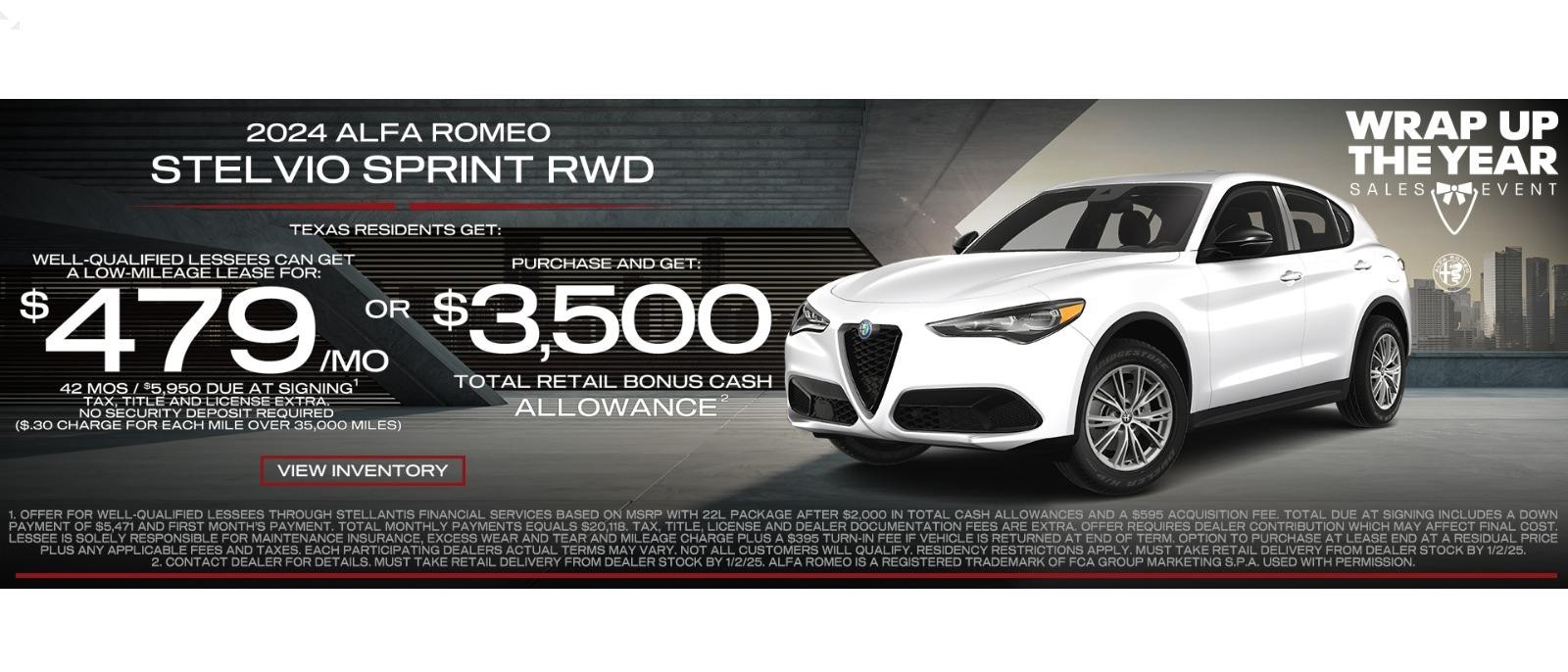 New 2024 Alfa Romeo Stelvio lease for $479 per month or purchase and get $3,500 retail bonus cash