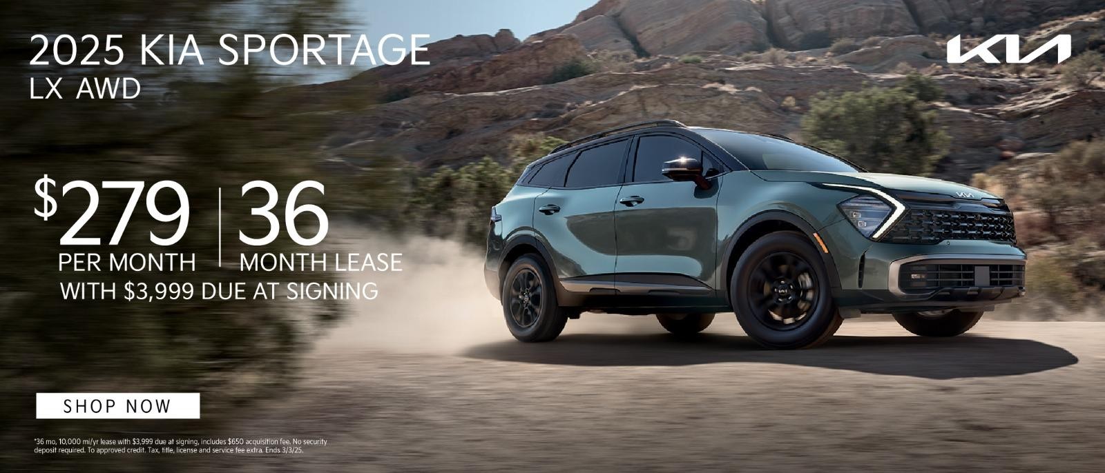 2025 Kia Sportage lease for $279 per month for 36 months