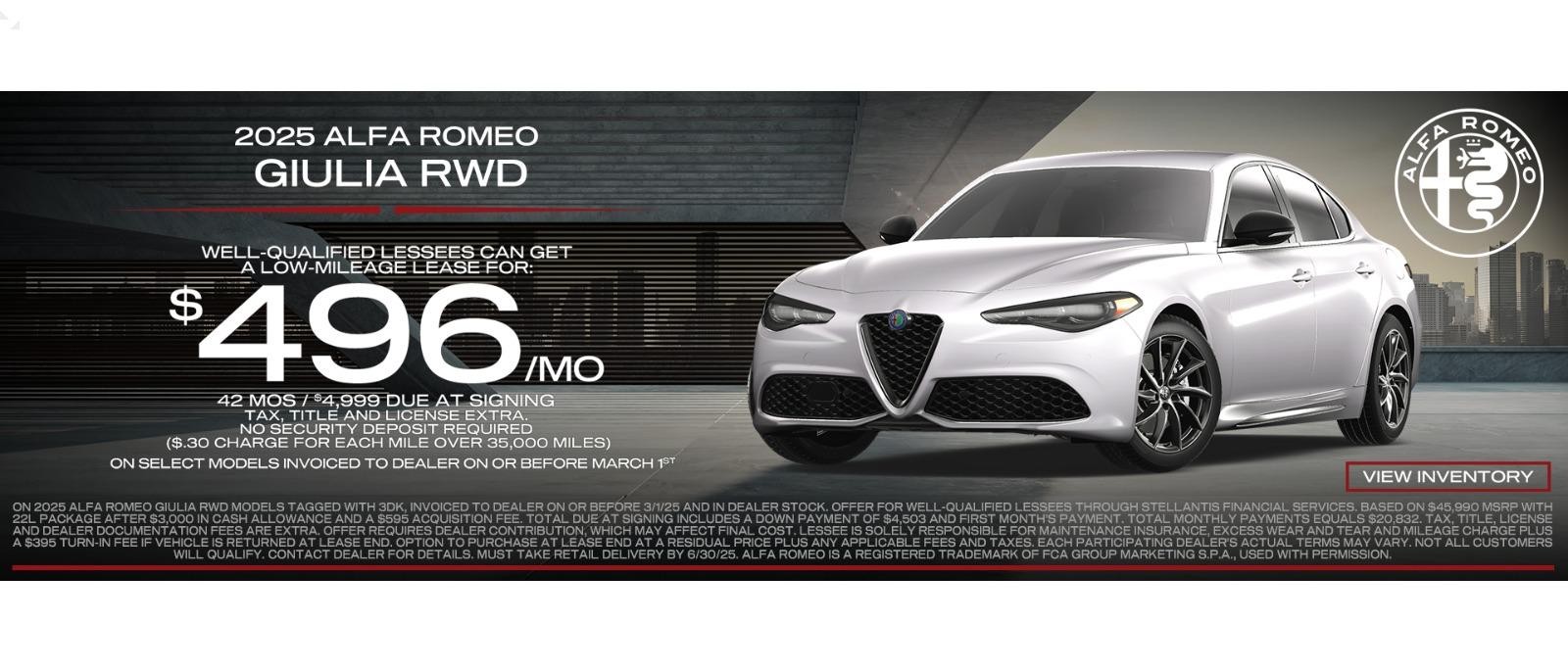 2025 Alfa Romeo Giulia RWD Lease for $496/mo