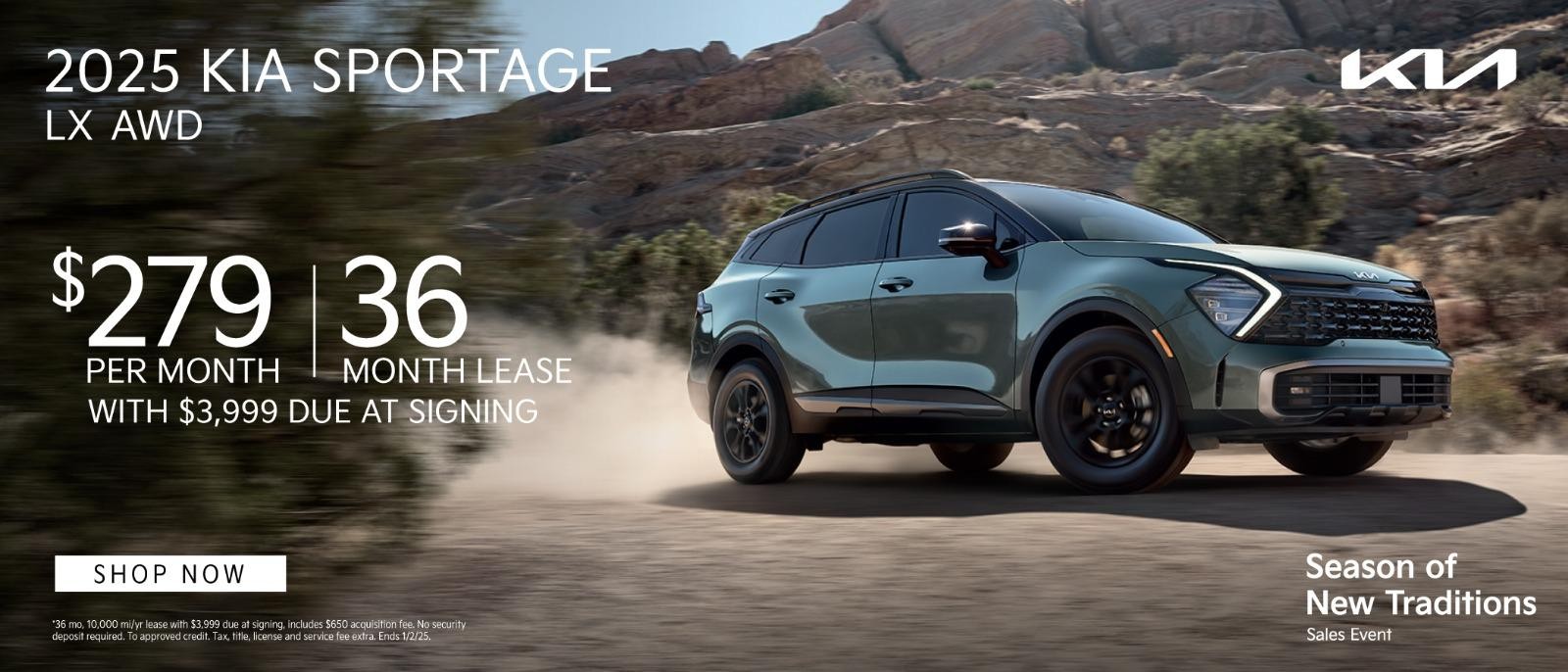 2025 Kia Sportage lease for $279 per month for 36 months