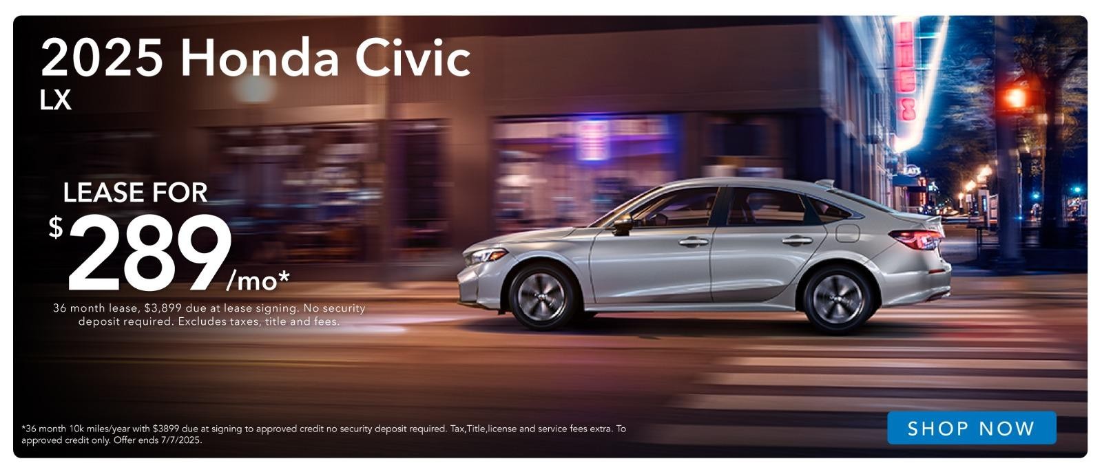 2025 Honda Civic $289/mo