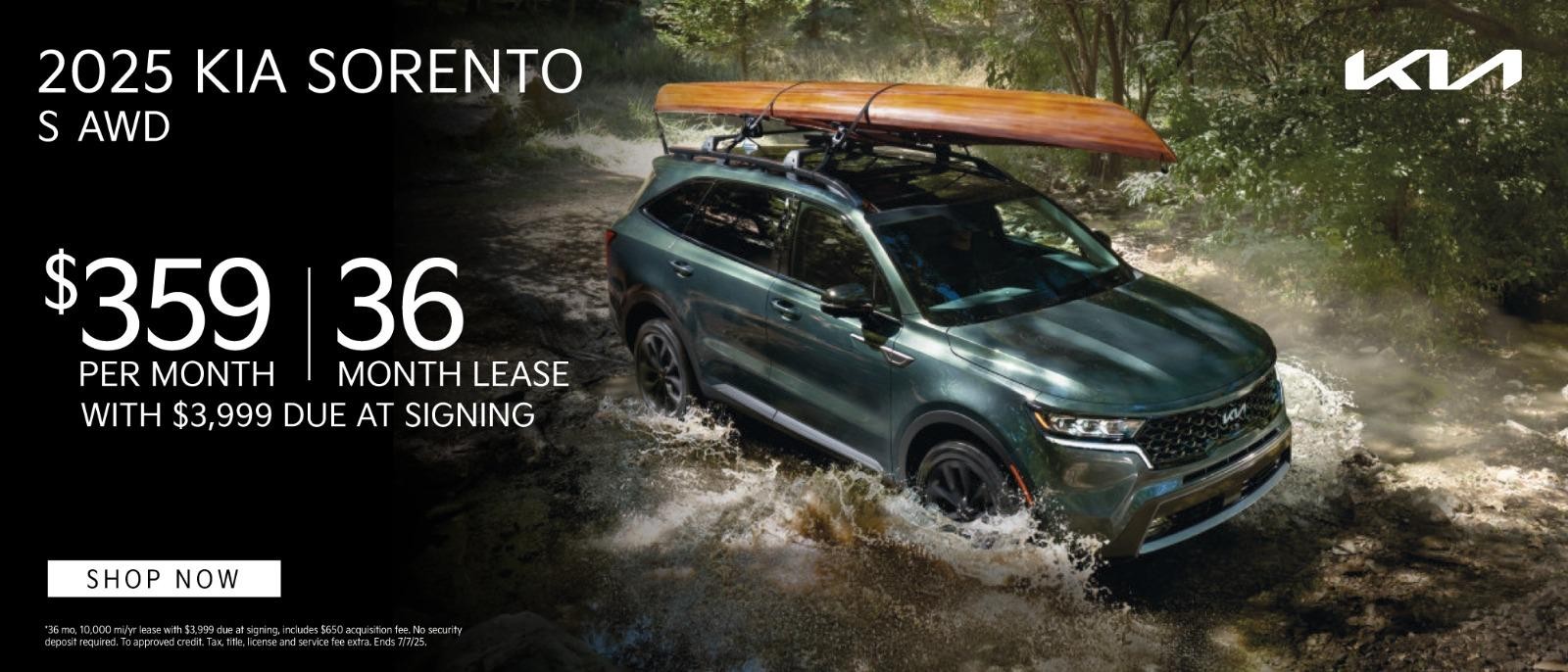 2025 Kia Sorento lease for $359 per month for 36 months