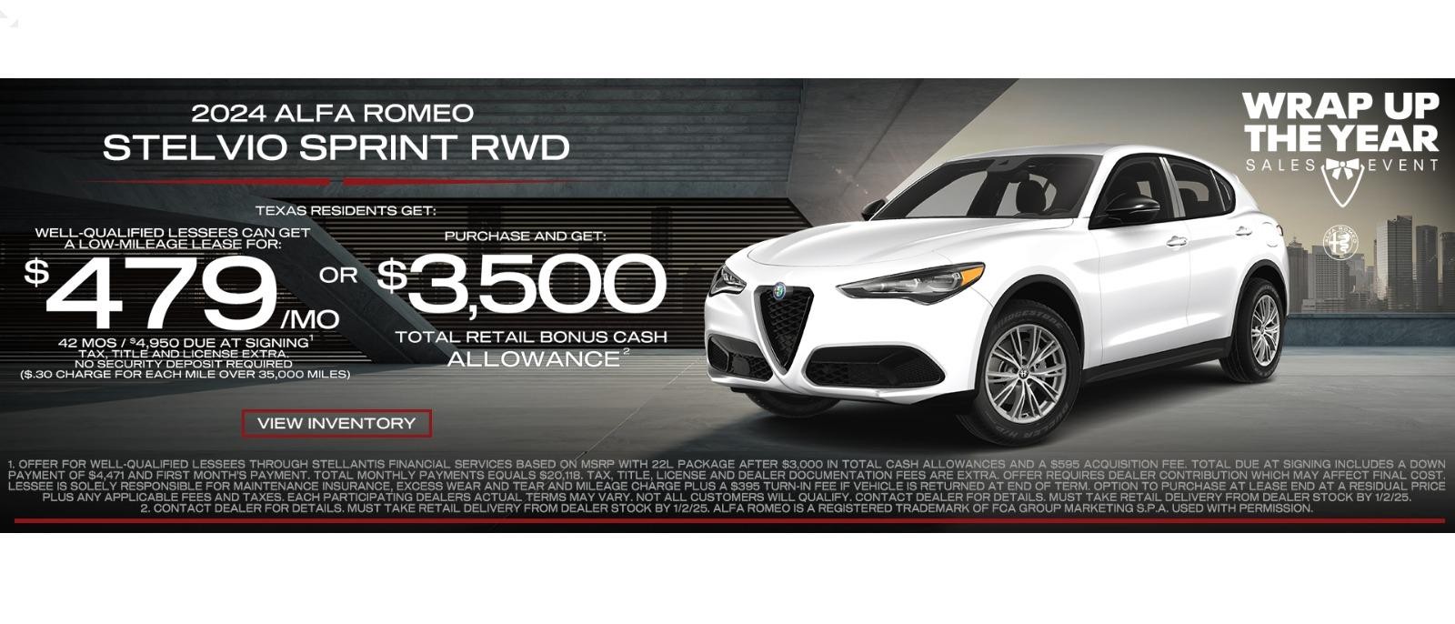 New 2024 Alfa Romeo Stelvio lease for $479 per month or purchase and get $3,500 retail bonus cash