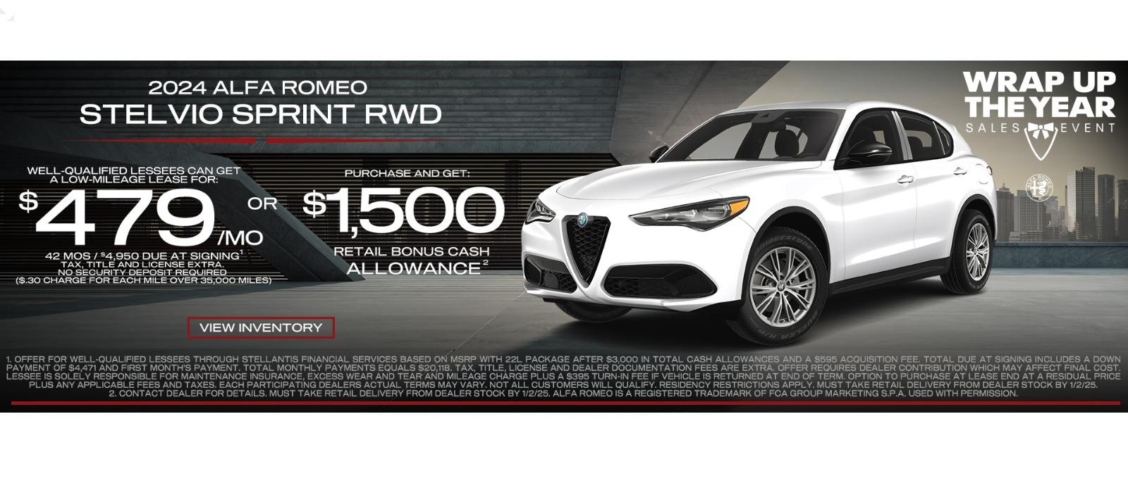 New 2024 Alfa Romeo Stelvio lease for $479 per month or purchase and get $1,500 retail bonus cash