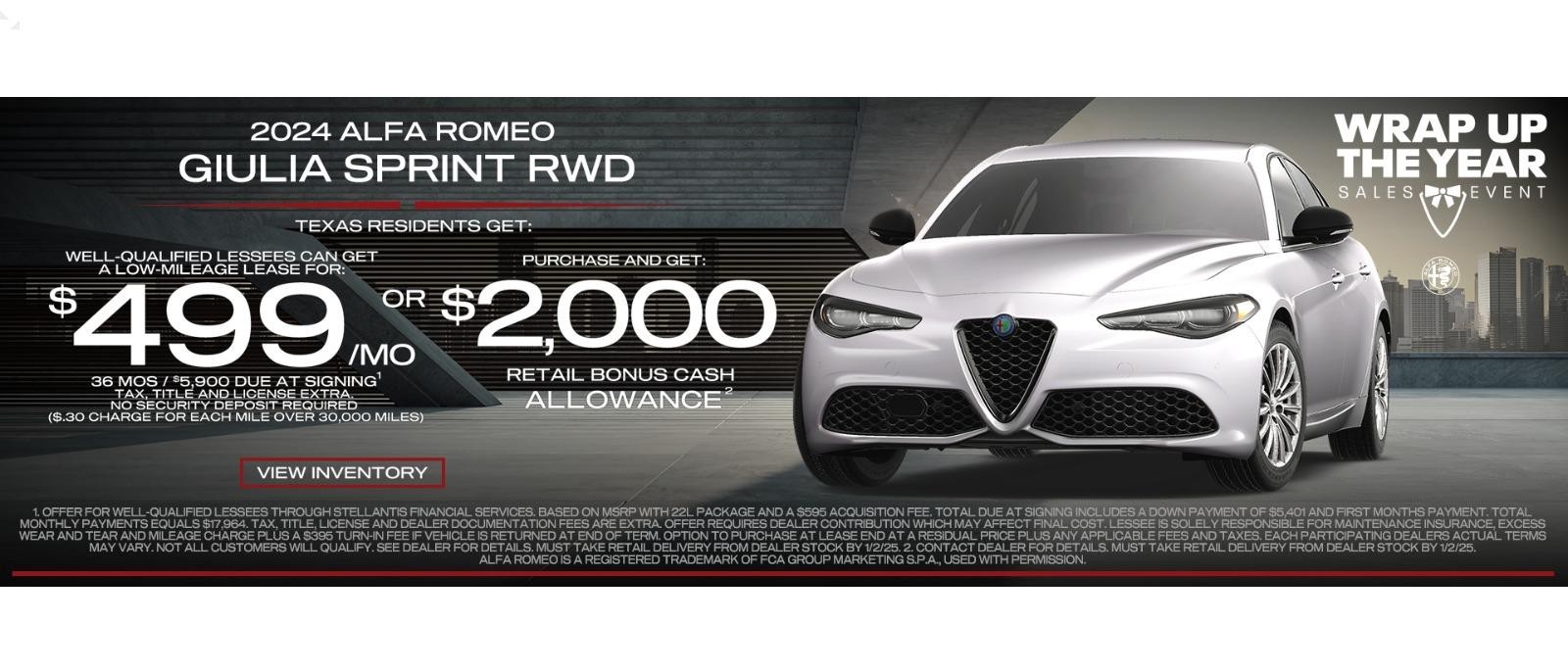 2024 Alfa Romeo Giulia Sprint Lease for $499/mo OR $2,000 Bonus Cash