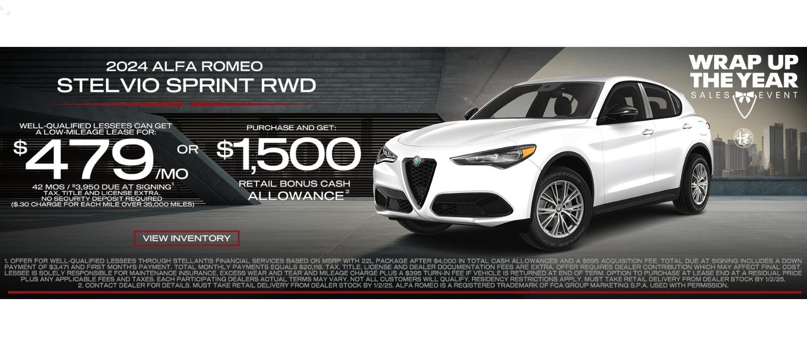 New 2024 Alfa Romeo Stelvio lease for $479 per month or purchase and get $1,500 retail bonus cash