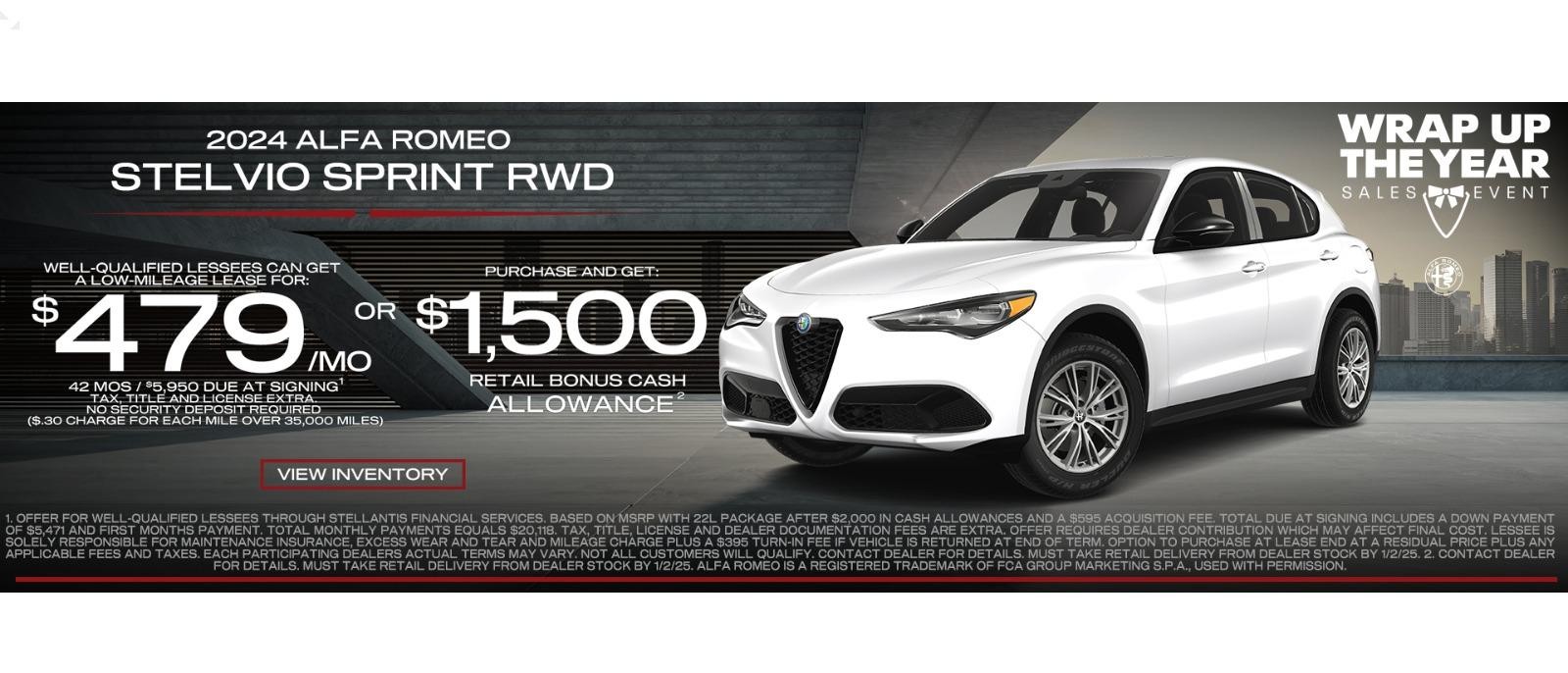 New 2024 Alfa Romeo Stelvio lease for $479 per month or purchase and get $1,500 retail bonus cash