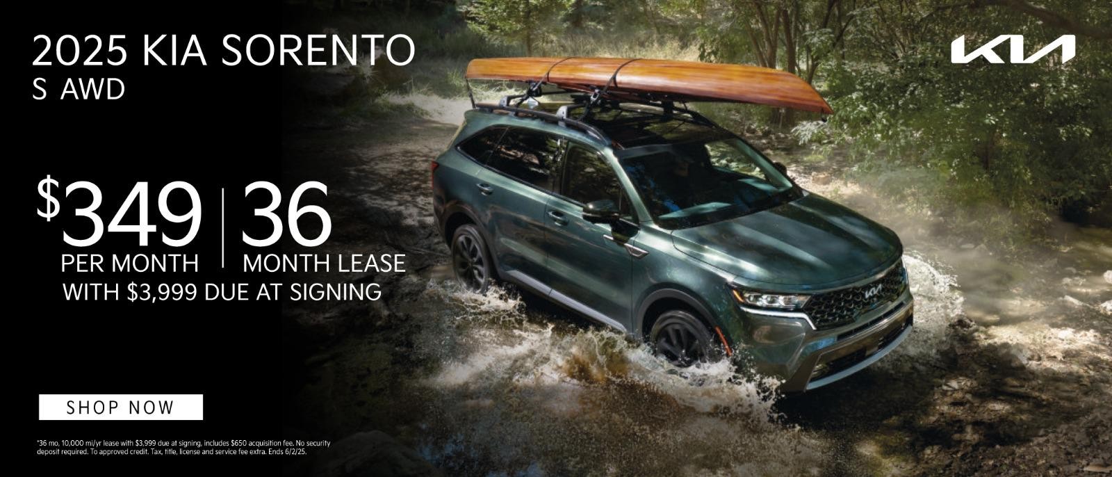 2025 Kia Sorento lease for $349 per month for 36 months